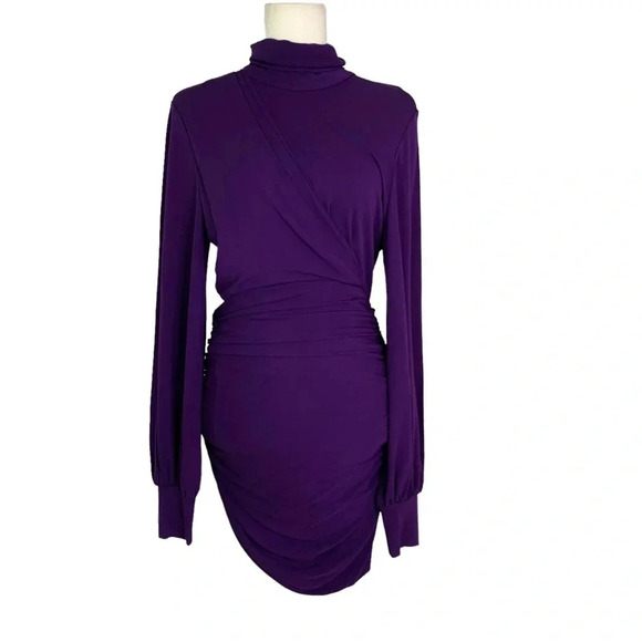 Ronny Kobo Harper Ruched Mini Dress with Balloon Sleeves Purple Eggplant S NWT - Picture 4 of 13